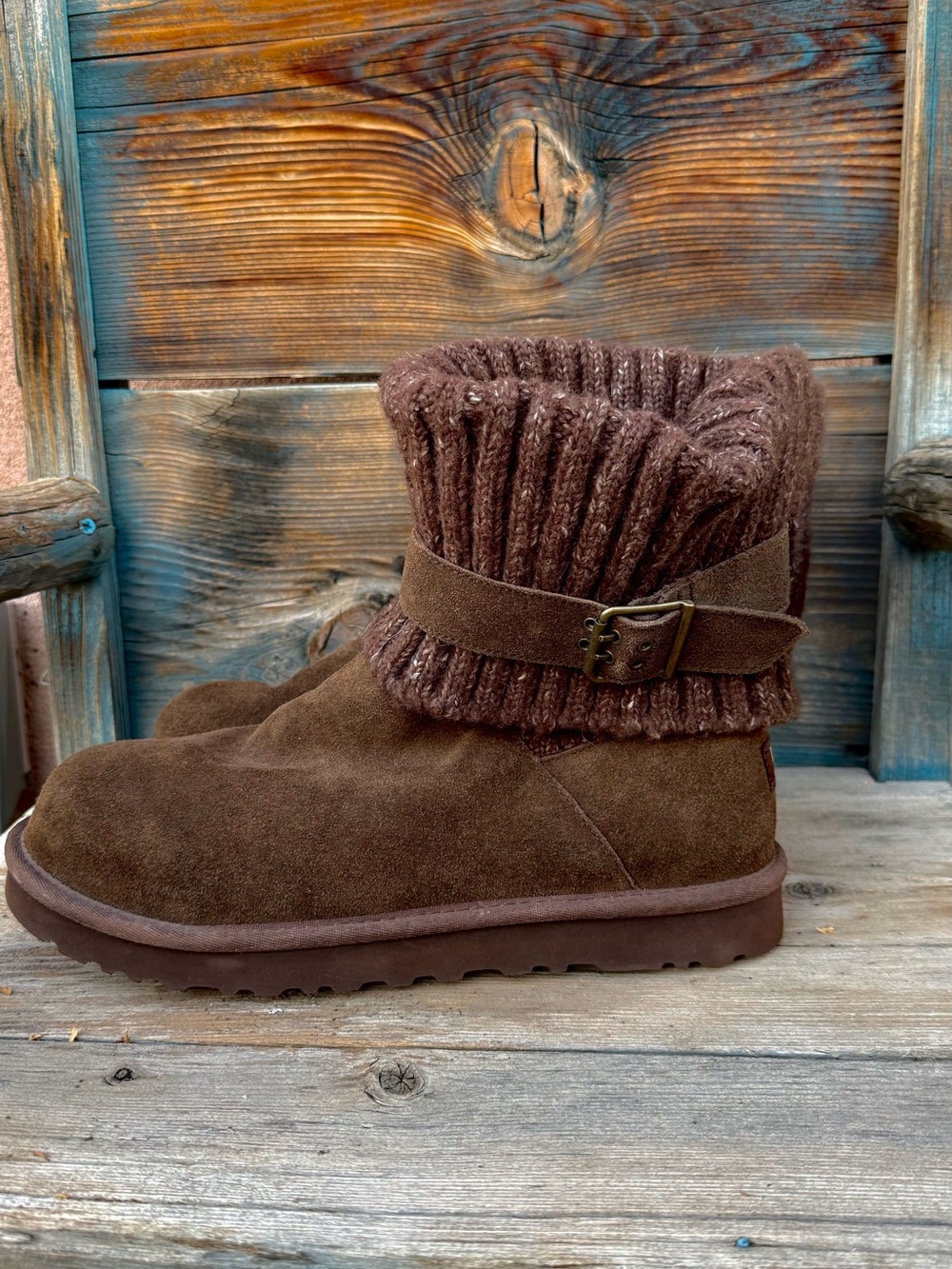 UGG Australia Cambridge Chocolate Brown Suede Knit Cuff Boots Women's 11